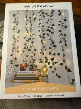 NIB West & Arrow Curtain Vine Lights, Warm White, 66 LEDs, Battered Operated